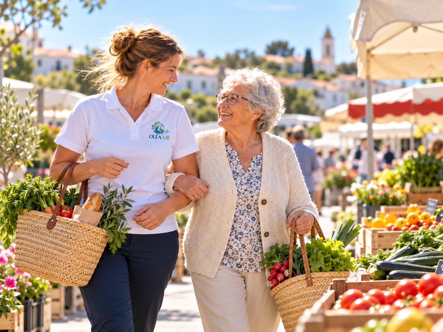 Accompagnante OLÉA VIE en polo blanc au marché