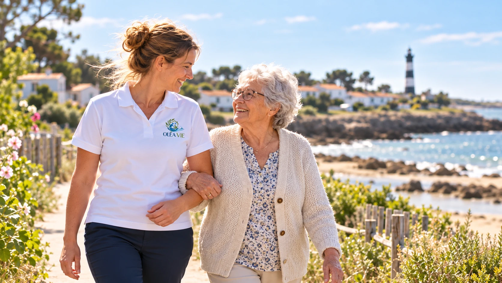 Une accompagnante en polo blanc OLÉA VIE avec une personne âgée sur l’île d’Oléron