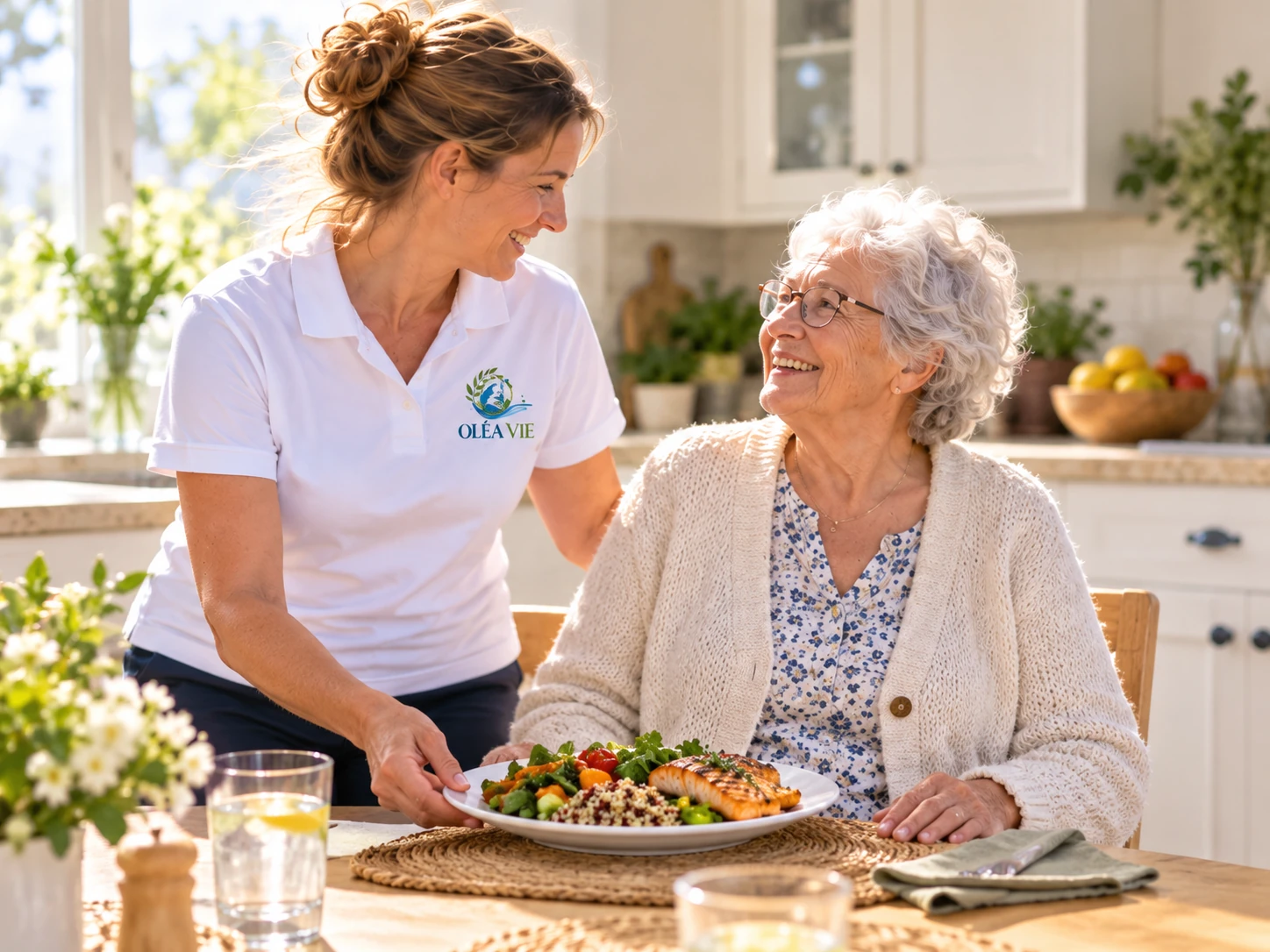 Accompagnante OLÉA VIE en polo blanc aidant au repas
